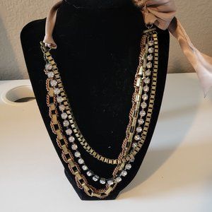 Ann Taylor Gold Chain and Rhinestone Ribbon Necklace